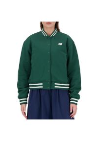 Kurtka New Balance WJ41509NWG - zielona. Kolor: zielony. Materiał: bawełna, dzianina. Wzór: napisy. Styl: sportowy #1