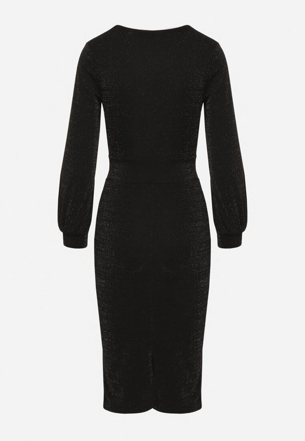 Born2be - Czarna Dopasowana Sukienka Kopertowa z Bufiastymi Rękawami i Metalicznymi Przeszyciami Nalithania. Typ kołnierza: dekolt w kształcie V. Kolor: czarny. Typ sukienki: kopertowe. Styl: retro