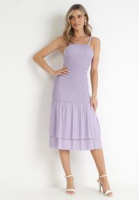 Born2be - Fioletowa Wiskozowa Sukienka Midi o Dopasowanym Fasonie Ilynn. Typ kołnierza: dekolt kwadratowy. Kolor: fioletowy. Materiał: wiskoza. Długość rękawa: na ramiączkach. Długość: midi #5