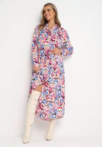 Born2be - Różowo-Niebieska Koszulowa Sukienka z Wiązanym Paskiem Veronices. Kolor: różowy. Materiał: materiał. Długość rękawa: długi rękaw. Wzór: aplikacja. Typ sukienki: koszulowe. Długość: maxi #2