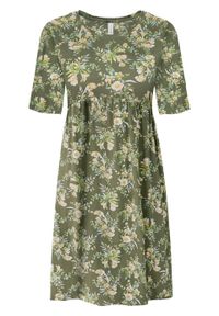 Sukienka shirtowa w kwiaty bonprix oliwkowy w kwiaty. Kolor: zielony. Materiał: jersey. Wzór: kwiaty. Długość: mini #1