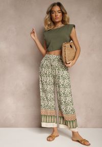 Renee - Zielone Spodnie z Bawełny High Waist z Abstrakcyjnym Wzorem Lisathiela. Okazja: na co dzień. Stan: podwyższony. Kolor: zielony. Materiał: bawełna. Styl: casual #4