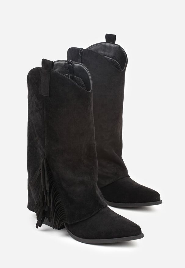 Renee - Czarne Botki Kowbojki na Stożku Ozdobione Frędzlami Reielle. Kolor: czarny. Materiał: jeans. Wzór: aplikacja. Obcas: na stożku. Styl: klasyczny. Wysokość obcasa: średni