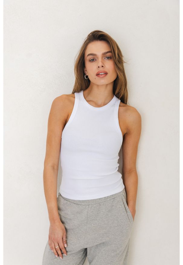 TOP GWEN ECRU XS - Flawless. Kolor: biały. Materiał: bawełna, skóra, dzianina. Długość rękawa: na ramiączkach. Sezon: lato. Styl: sportowy