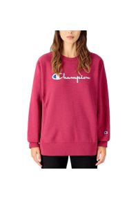 Bluza Champion Reverse Weave Script Logo 114612-RS510 - różowa. Okazja: na co dzień. Kolor: różowy. Materiał: poliester, bawełna, materiał. Długość rękawa: długi rękaw. Długość: długie. Wzór: aplikacja. Styl: casual, klasyczny