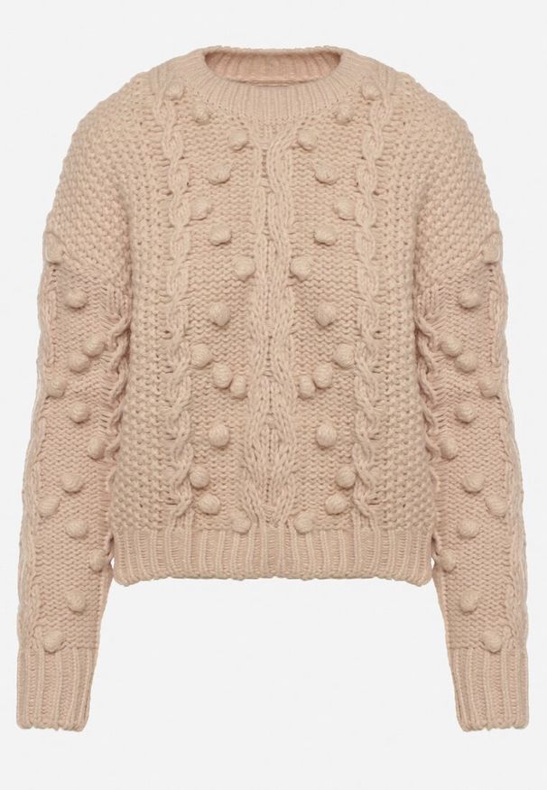 Born2be - Beżowy Sweter z Wełną i Bawełną Ozdobiony Grubym Splotem Numike. Okazja: do pracy. Kolor: beżowy. Materiał: wełna, bawełna. Wzór: aplikacja, ze splotem. Sezon: zima, jesień. Styl: klasyczny, elegancki