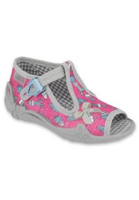 Befado obuwie dziecięce 213P128 różowe szare. Nosek buta: otwarty. Kolor: różowy, szary, wielokolorowy. Materiał: bawełna, tkanina