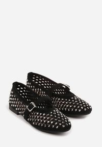 Renee - Czarne Balerinki w Stylu Mary Jane z Cyrkoniami i Ażurową Cholewką Lyphenne. Kolor: czarny. Materiał: satyna, jeans. Szerokość cholewki: normalna. Wzór: ażurowy. Styl: glamour, klasyczny #6