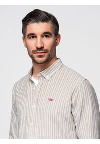 Ombre Clothing - Bawełniana koszula męska REGULAR FIT w drobne paski – beżowa V1 - Rozmiar: XL. Kolor: beżowy. Materiał: bawełna. Wzór: paski. Styl: klasyczny #1