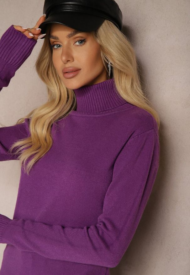 Renee - Ciemnofioletowy Golf Sweter o Dopasowanym Kroju z Kaszmirem Zairith. Okazja: na spacer, do pracy, na co dzień, na spotkanie biznesowe. Typ kołnierza: golf. Kolor: fioletowy. Materiał: kaszmir. Wzór: aplikacja. Styl: elegancki, casual, klasyczny, biznesowy