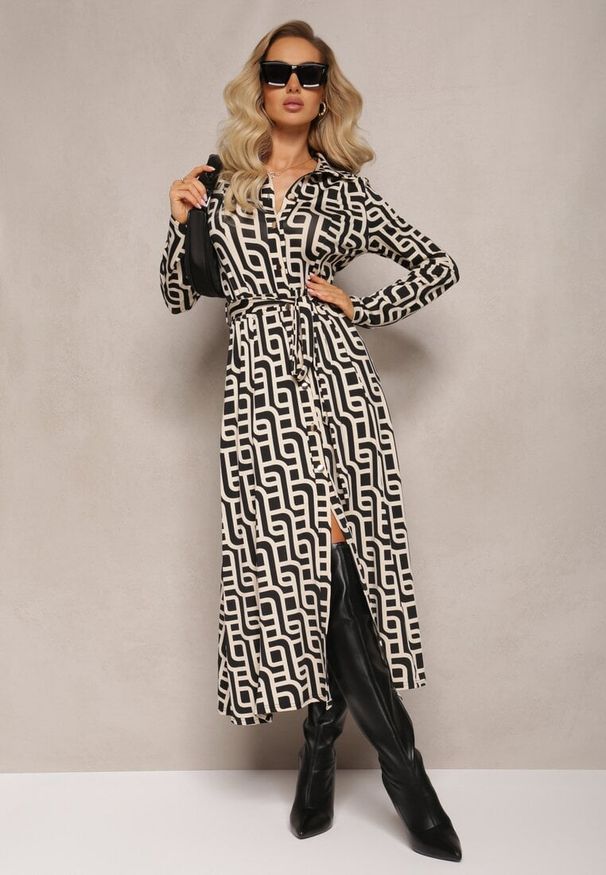 Renee - Beżowo-Czarna Koszulowa Sukienka Maxi w Geometryczny Print Gelismi. Kolor: beżowy. Materiał: materiał, tkanina. Wzór: nadruk, geometria. Typ sukienki: koszulowe. Długość: maxi