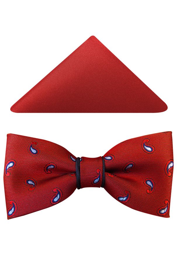 Modini - Czerwono-granatowa mucha we wzór paisley A59. Kolor: wielokolorowy, czerwony, niebieski. Materiał: poliester, tkanina. Wzór: paisley. Styl: elegancki