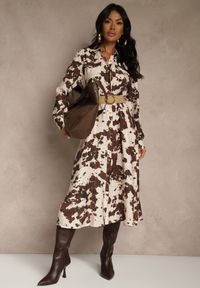 Renee - Brązowa Sukienka z Wiskozą o Koszulowym Kroju z Paskiem w Krowie Łaty Carlitia. Okazja: na imprezę. Kolor: brązowy. Materiał: wiskoza. Typ sukienki: koszulowe #3