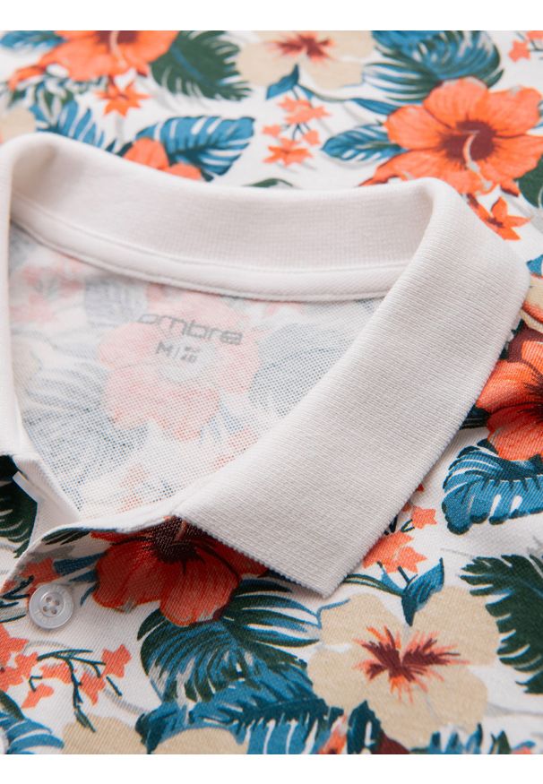 Ombre Clothing - Koszulka polo bawełniana z nadrukiem w kwiaty – biała V1 - Rozmiar: XXL. Okazja: na co dzień. Typ kołnierza: polo. Kolor: biały. Materiał: bawełna. Wzór: nadruk, kwiaty. Sezon: lato. Styl: wakacyjny, casual, elegancki