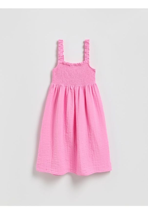 Reserved - Muślinowa sukienka mini - różowy. Kolor: różowy. Materiał: bawełna. Długość: mini