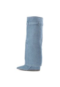 Niebieskie Kozaki Gallevani Jeansowe Obuwie Damskie. Zapięcie: sprzączka. Kolor: niebieski. Materiał: jeans. Szerokość cholewki: normalna. Wzór: ażurowy, aplikacja #4