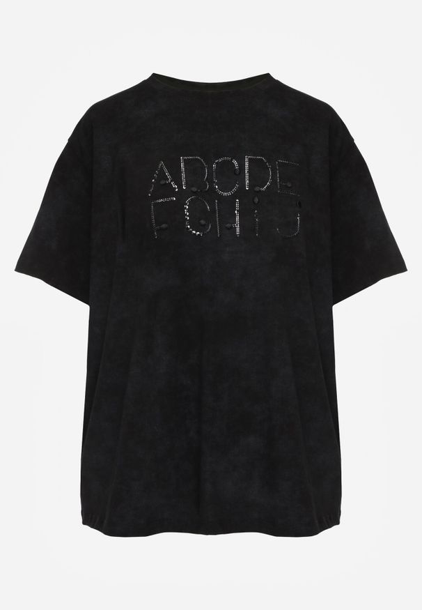 Born2be - Czarny Oversizowy T-shirt z Bawełny Zdobiony Haftem z Cekinami Pidella. Okazja: na co dzień. Kolor: czarny. Materiał: bawełna. Wzór: aplikacja, haft. Styl: elegancki, casual