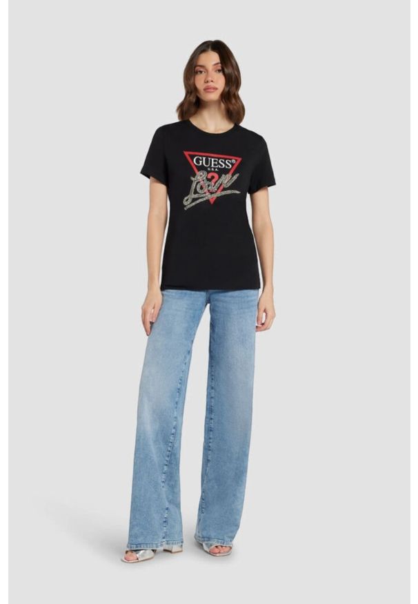 Guess - GUESS Czarny damski t-shirt bawełniany Love Tee, Rozmiar L. Kolor: czarny. Materiał: bawełna