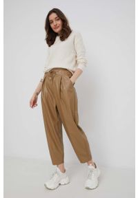 only - Only spodnie damskie kolor beżowy szerokie high waist. Stan: podwyższony. Kolor: beżowy #4