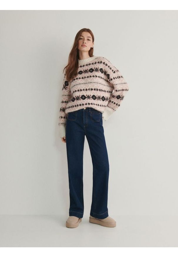 Reserved - Jeansy wide leg - granatowy. Kolor: niebieski. Wzór: gładki