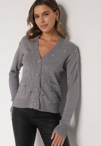 Born2be - Szary Rozpinany Kardigan w Kropki Tusvanea. Okazja: na co dzień. Kolor: szary. Materiał: jeans. Wzór: kropki. Styl: klasyczny, casual #6