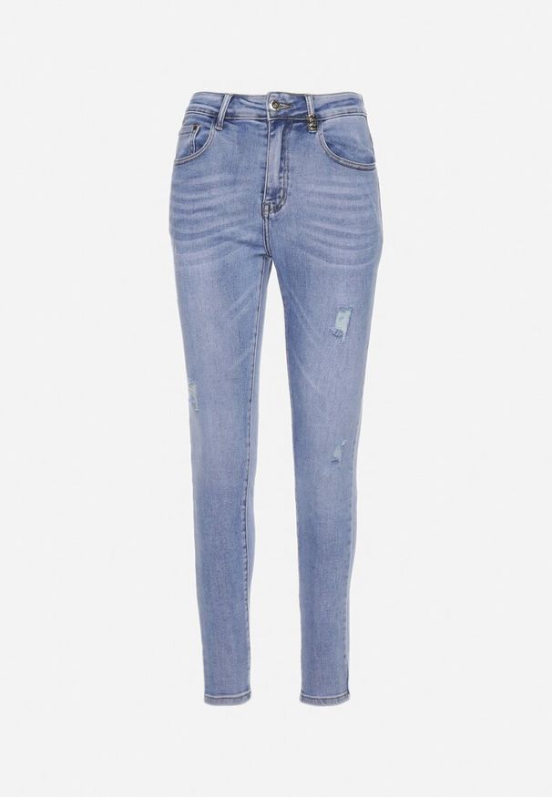 Born2be - Jasnoniebieskie Jeansy Skinny z Bawełny Ozdobione Przetarciami i Dziurami Astoreta. Kolor: niebieski. Wzór: aplikacja