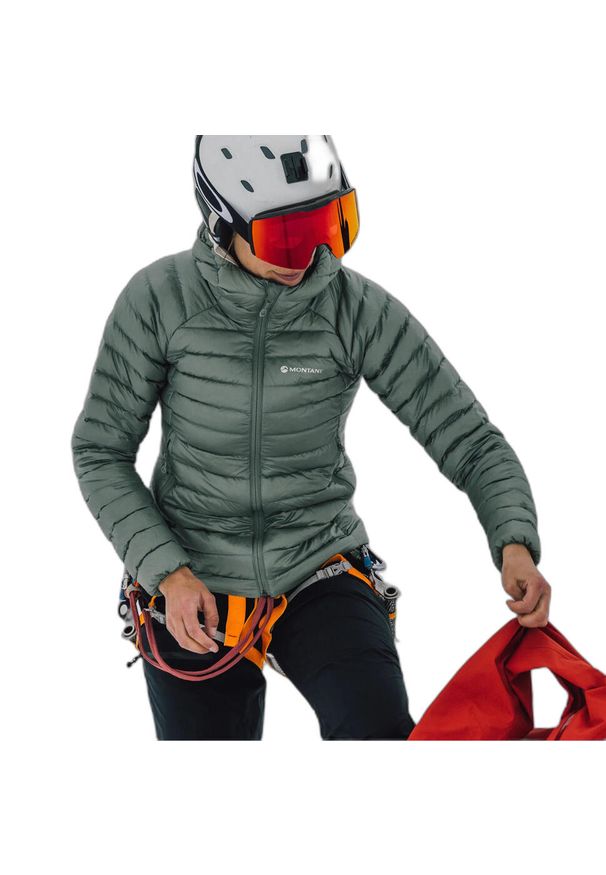 Damska kurtka z kapturem Montane Anti-Freeze. Typ kołnierza: kaptur. Kolor: zielony. Materiał: puch. Sport: wspinaczka