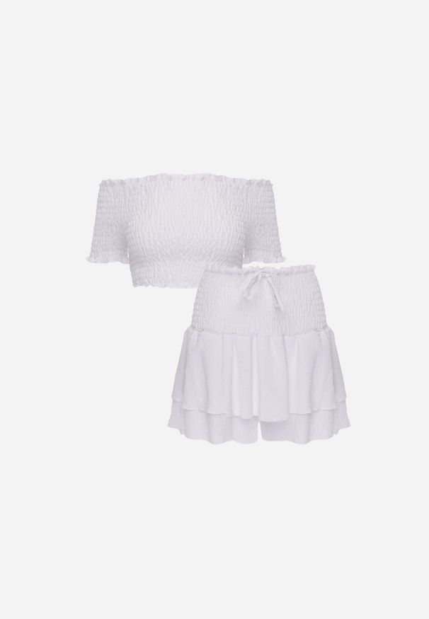 Renee - Biały Komplet Top Hiszpanka i Spódnico-Spodenki z Falbanami oraz Gumką Rinaria. Kolor: biały. Materiał: jeans