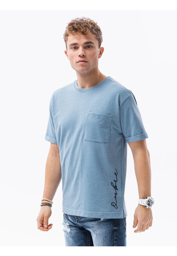 Ombre Clothing - T-shirt męski z nadrukiem - niebieski. Kolor: niebieski. Materiał: bawełna, poliester, dzianina. Wzór: nadruk