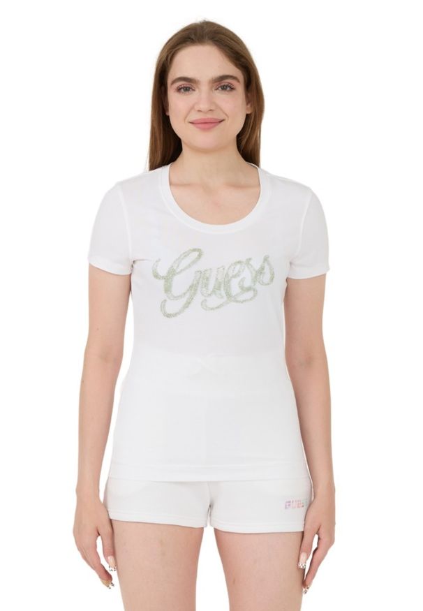 Guess - GUESS Biały damski t-shirt Script, Rozmiar S. Kolor: biały