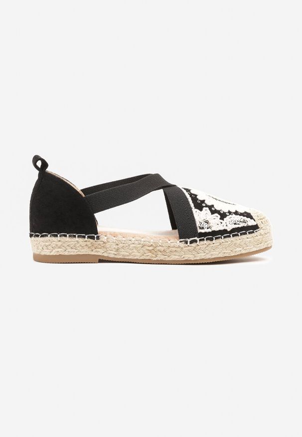 Born2be - Czarne Espadryle Boho z Haftem Elastycznymi Paskami i Plecionką Iloriva. Okazja: na co dzień. Zapięcie: pasek. Kolor: czarny. Materiał: koronka. Wzór: haft. Styl: boho