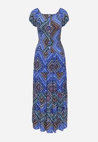 Born2be - Niebieska Bawełniana Sukienka Hiszpanka w Etno Wzór z Gumką w Pasie Kinetha. Typ kołnierza: dekolt hiszpanka. Kolor: niebieski. Materiał: bawełna. Styl: etno #2