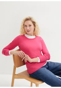 bonprix - Sweter basic z bawełny z recyklingu. Okazja: na co dzień. Kolor: różowy. Materiał: bawełna. Wzór: ze splotem, prążki, gładki. Styl: casual #1