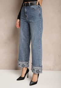 Renee - Niebieskie Jeansy High Waist z Szerokimi Nogawkami Ozdobnie Wywiniętymi z Paskiem Loroma. Okazja: na co dzień. Stan: podwyższony. Kolor: niebieski. Styl: casual, elegancki #3