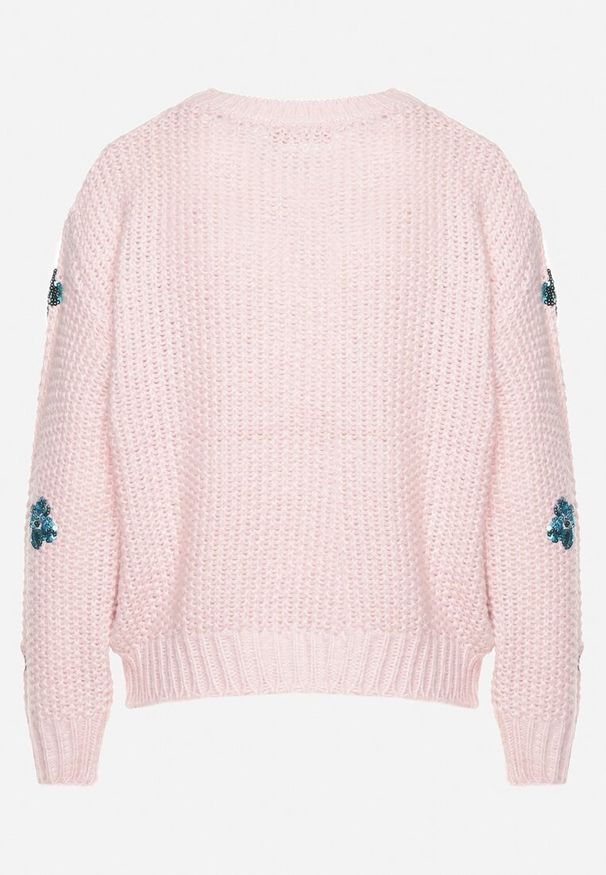 Born2be - Jasnoróżowy Sweter z Tłoczonej Dzianiny z Wiskozą Zdobiony Cekinowymi Kwiatami Edamara. Okazja: na co dzień. Kolor: różowy. Materiał: dzianina, wiskoza. Długość rękawa: długi rękaw. Długość: długie. Wzór: aplikacja, kwiaty. Styl: wizytowy, klasyczny, casual