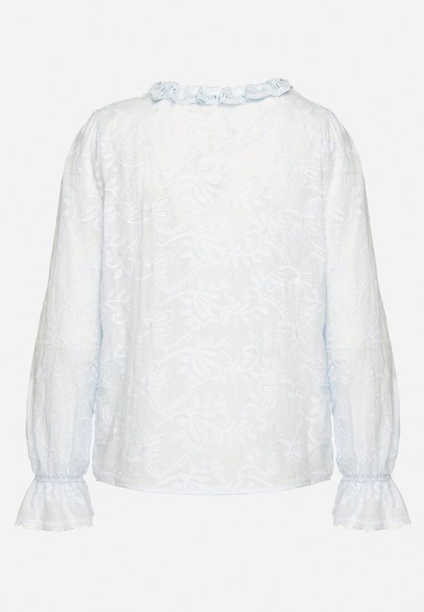 Born2be - Jasnoniebieska Bawełniana Koszula z Haftowanym Wzorem z Koronką Natisonia. Okazja: na co dzień. Kolor: niebieski. Materiał: bawełna, koronka. Wzór: haft, koronka. Styl: casual