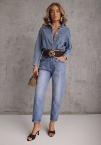 Renee - Niebieskie Klasyczne Jeansy Mom Fit High Waist z Bawełny Uhrlith. Okazja: na co dzień. Stan: podwyższony. Kolor: niebieski. Styl: klasyczny #7