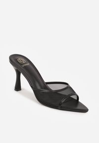 Born2be - Czarne Klapki na Szpilce z Siateczkową Wyciętą Cholewką Laomesine. Nosek buta: otwarty. Kolor: czarny. Materiał: skóra, materiał. Sezon: lato. Obcas: na szpilce. Styl: klasyczny. Wysokość obcasa: średni #3