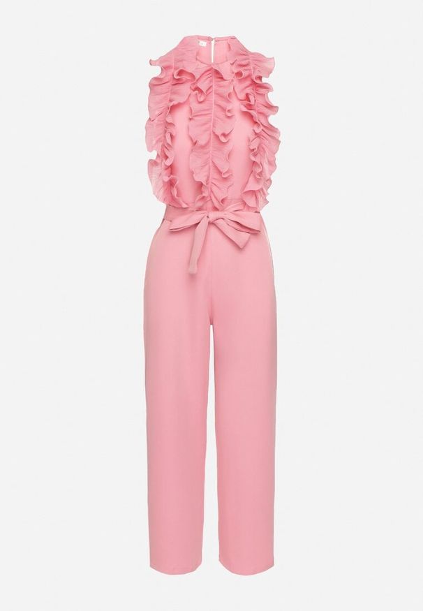 Born2be - Różowy Koktajlowy Kombinezon z Żabotem Szerokimi Nogawkami i Paskiem w Talii Uenelsea. Kolor: różowy. Styl: wizytowy