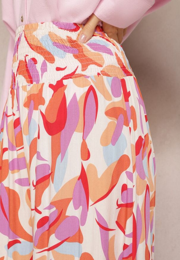 Renee - Beżowo-Różowe Spodnie Kuloty z Wiskozy High Waist z Gumką w Pasie Alaqinta. Okazja: na co dzień. Stan: podwyższony. Kolor: beżowy. Materiał: wiskoza. Styl: elegancki, casual