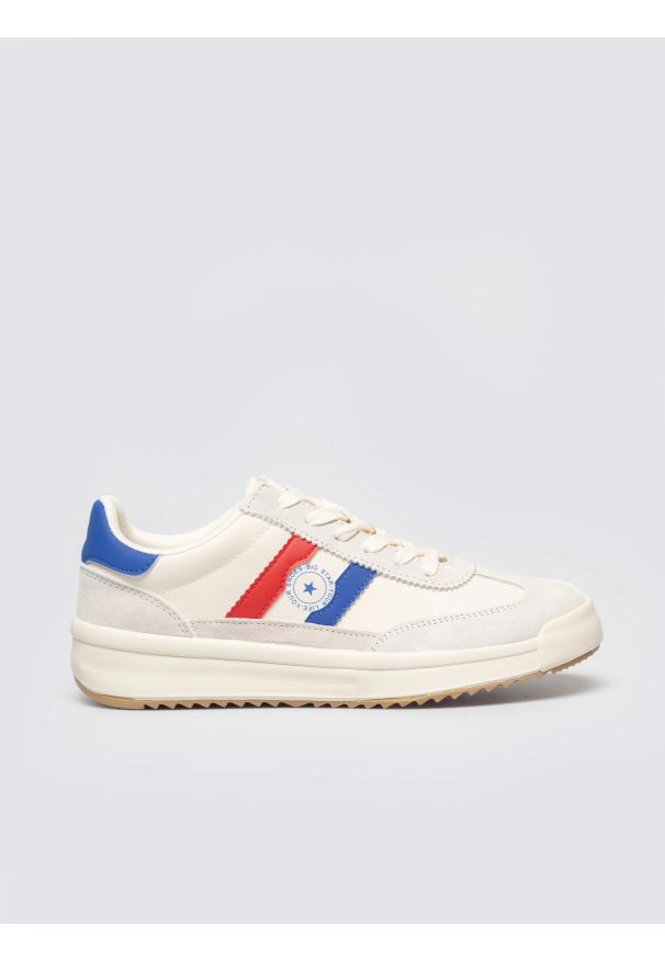 Big-Star - Sneakersy damskie ze skórzanymi wstawkami beżowe TT274161 801. Nosek buta: okrągły. Zapięcie: sznurówki. Kolor: beżowy. Materiał: skóra. Wzór: aplikacja, kolorowy. Sport: turystyka piesza