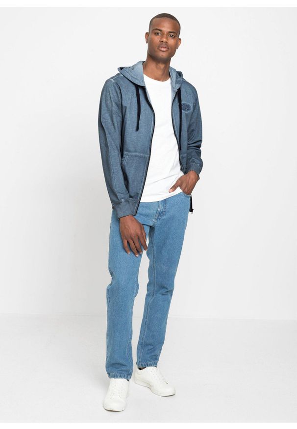 bonprix - Bluza rozpinana z kapturem i efektem wytarcia. Typ kołnierza: kaptur. Kolor: niebieski. Wzór: aplikacja