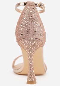 Born2be - Szampańskie Sandały na Geometrycznej Szpilce Ozdobione Cyrkoniami i Brokatem Aolenia. Okazja: na wesele, na imprezę, na ślub cywilny. Zapięcie: sprzączka. Kolor: złoty. Materiał: satyna. Wzór: geometria, aplikacja. Styl: klasyczny #9