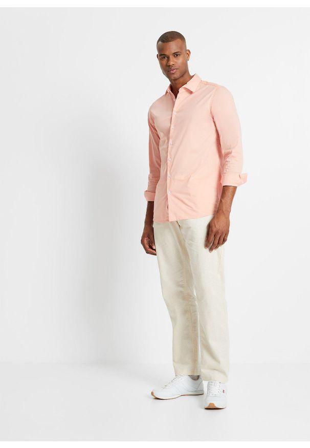 bonprix - Spodnie ze sznurkiem w pasie, z przewiewnej mieszanki lnu o prostych nogawkach i kroju relaxed fit. Kolor: beżowy. Materiał: len, materiał
