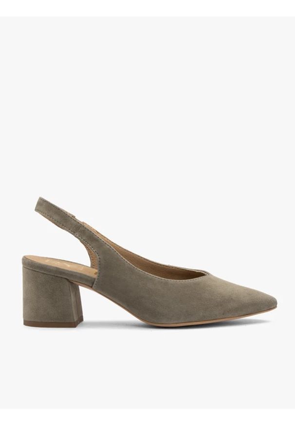 Ryłko - Oliwkowe czółenka damskie slingback. Zapięcie: bez zapięcia. Kolor: oliwkowy. Materiał: skóra, welur. Obcas: na obcasie. Styl: street. Wysokość obcasa: średni
