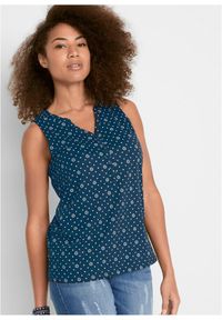 bonprix - Top shirtowy z nadrukiem. Typ kołnierza: dekolt w serek. Kolor: niebieski. Wzór: nadruk