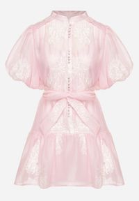 Born2be - Różowa Koszulowa Przezroczysta Sukienka z Bawełną Haftami i Paskiem Lirulira. Okazja: na co dzień. Kolor: różowy. Materiał: bawełna. Wzór: haft. Sezon: lato. Typ sukienki: koszulowe. Styl: casual, elegancki #2