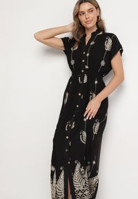 Born2be - Czarna Koszulowa Sukienka z Bawełną Ozdobiona Metaliczną Nicią Tirlio. Okazja: na spacer, na co dzień. Kolor: czarny. Materiał: bawełna. Wzór: aplikacja. Typ sukienki: koszulowe. Styl: elegancki, casual, klasyczny #7