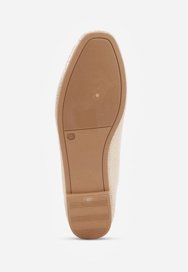 Renee - Złote Balerinki Vices z Ozdobną Kokardą i Tłoczeniem Typu Skóra Węża Tultewia. Okazja: na co dzień. Kolor: złoty. Materiał: skóra. Obcas: na obcasie. Styl: casual, elegancki. Wysokość obcasa: niski