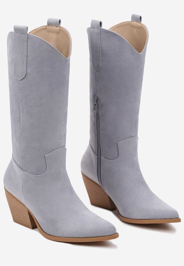 Renee - Niebieskie Kozaki na Stożku w Stylu Kowbojek Naures. Okazja: na co dzień. Kolor: niebieski. Materiał: skóra. Obcas: na stożku. Styl: casual, rockowy, klasyczny, elegancki. Wysokość obcasa: średni